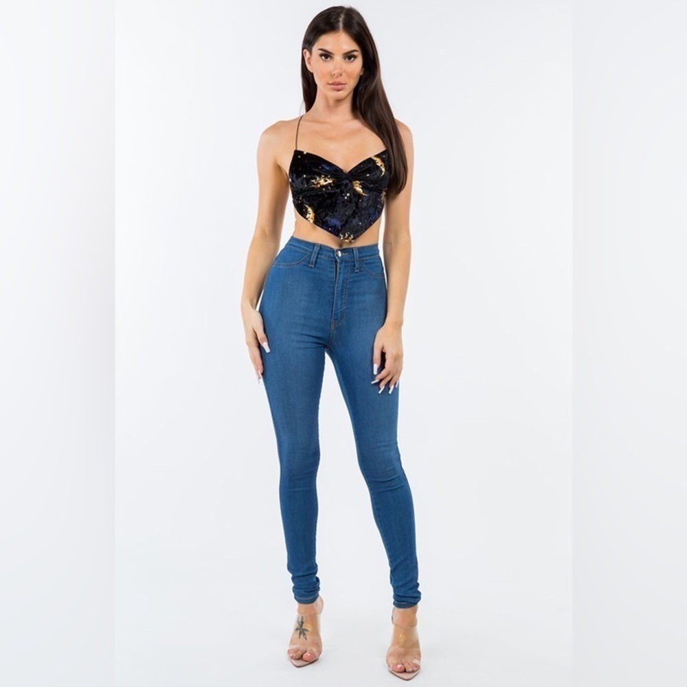 Bear Dance Sun & Moon Printed Velvet Crop Top With Cross Back & Ruched Detail - Picture 7 of 7